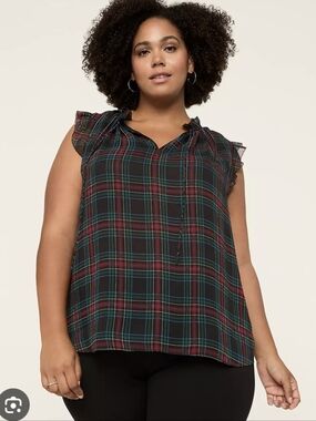 Lane Bryant Sz 14/16 Sleeveless Plaid Tie-Neck Blouse